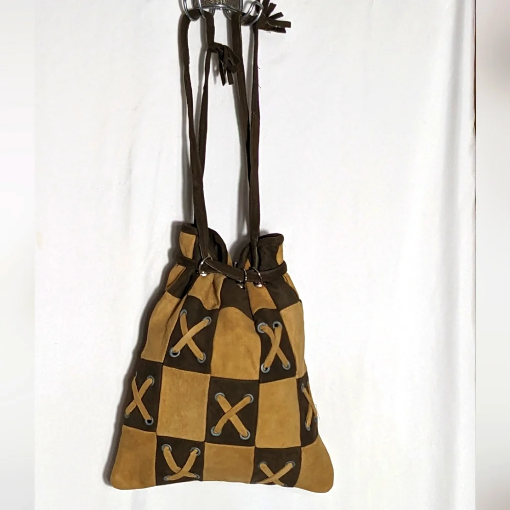 Vintage 1960's  Boho tan &‎ brown patchwork suede purse, made in Spain